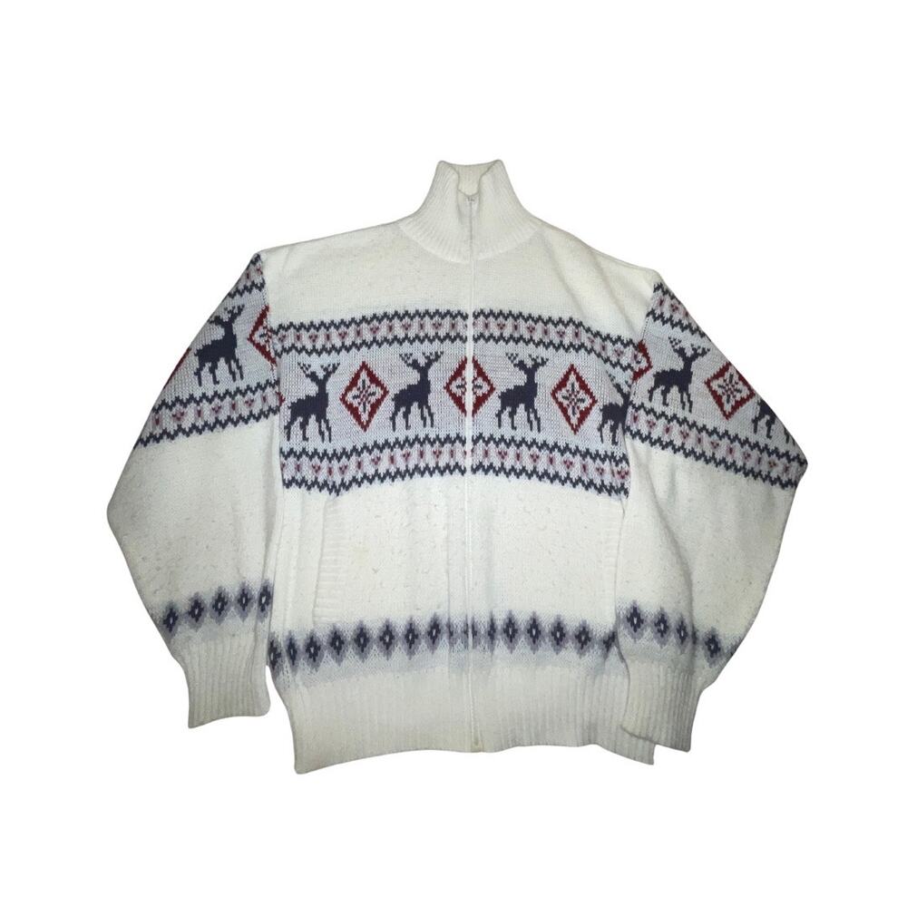 Scandia Woods Novelty Full Zip Cardigan Sweater Size Large Winter Christmas Snow